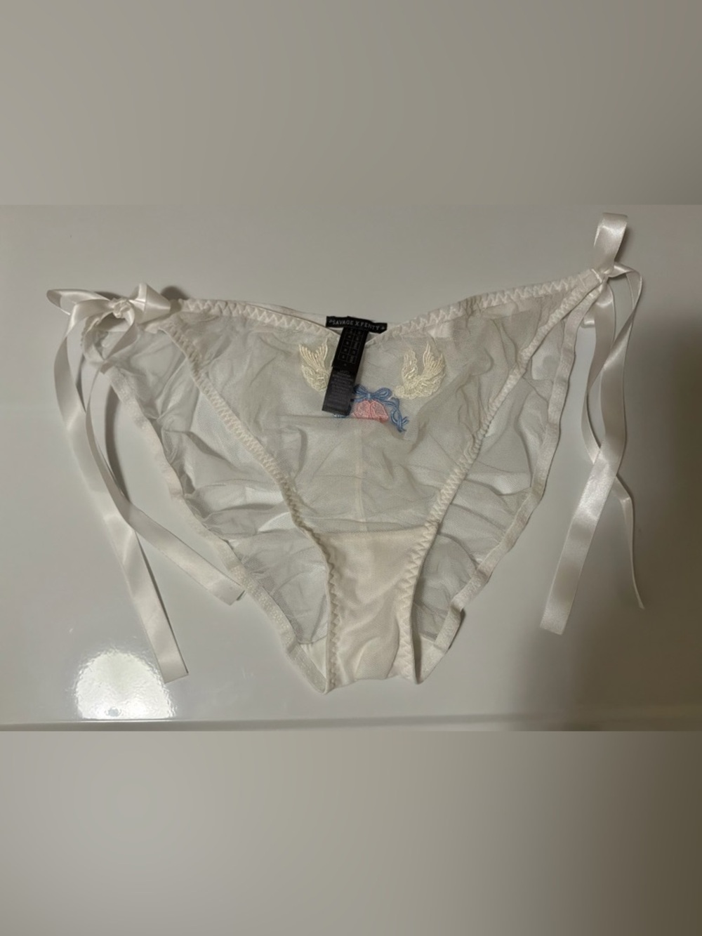 Savage X Fenty Bridal White Sheer Mesh Bikini with Pink & Blue Floral Dove Bell